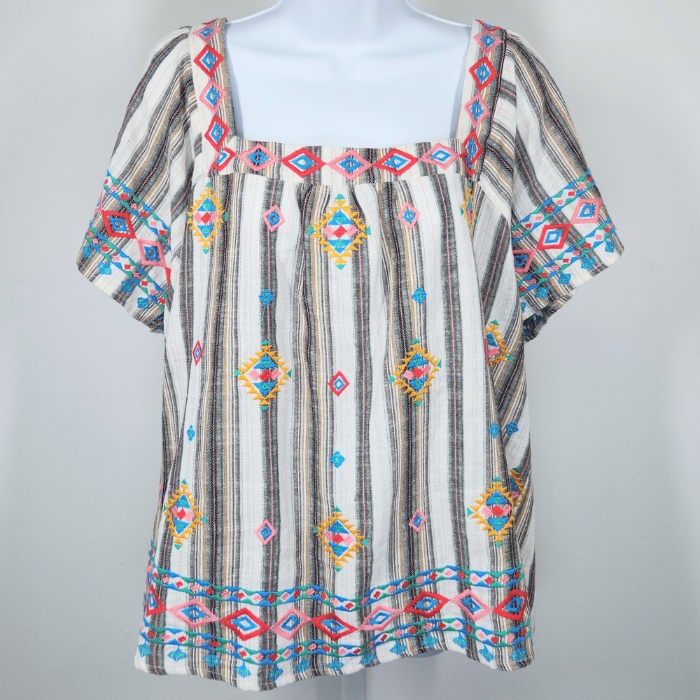 Savanna Jane Tunic Blouse Womens 1X Multicolor Embroidered Striped Boho